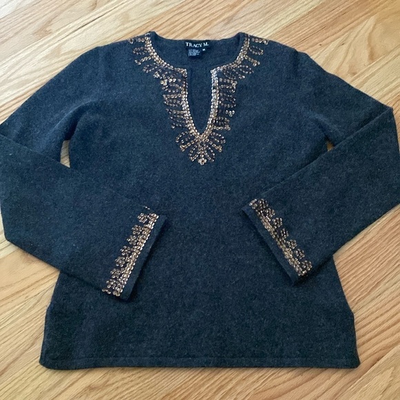 Silk Angora sweater Women’s M Sequins Festive Grey V neck Warm Winter festive - Picture 1 of 11